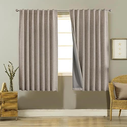 Joydeco 100% Black Out Curtains 63 inch Long 2 Panels Burg Natural Blackout Linen Drapes for Bedroom Living Room Darkening Curtain Thermal Insulated Back tab Rod Pocket(37x63 inch,Linen)