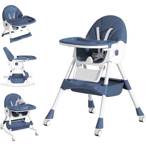 Baby High Chair, 5 in 1 High Chairs for Babies and Toddlers, Travel Foldable High Chair with Foot Rest, Detachable PU Cushion, Double Removable Tray, Adjustable Height & Recline, Locking Wheels