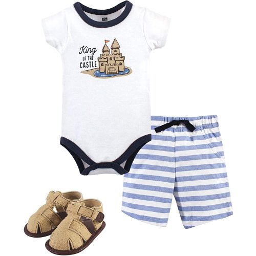 Hudson Baby Unisex Baby Cotton Bodysuit, Shorts and Shoe Set