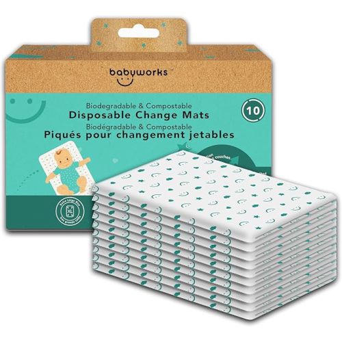 Baby Works - Disposable, Biodegradable, & Compostable Change Mats. Waterproof & Leak-Proof Changing Pad, Super Soft, for Babies & Toddlers - 68x45 cm, 10 Count
