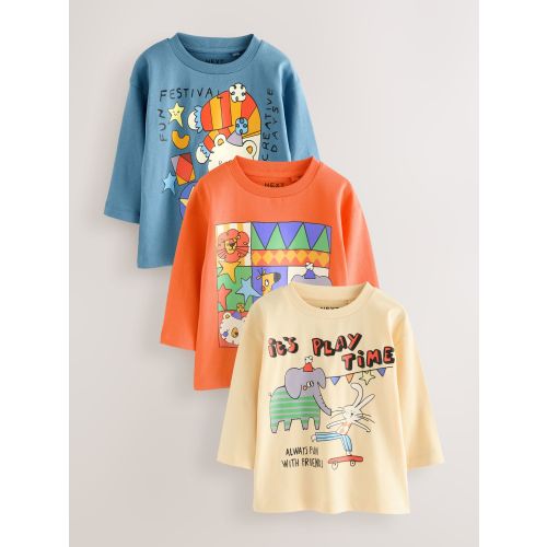 Blue/Orange/Yellow Animals Long Sleeve Graphic Print T-Shirts 3 Pack (3mths-7yrs)