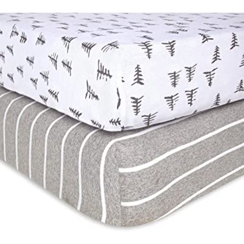 Burts Bees Baby Fitted Crib Sheet Organic Cotton BEESNUG - Pine Forest and Stripe Prints, Fits Unisex Standard Bed and Toddler Mattress, Infant Essentials, 28 x 52 x 5.5 Inch 2-Packs