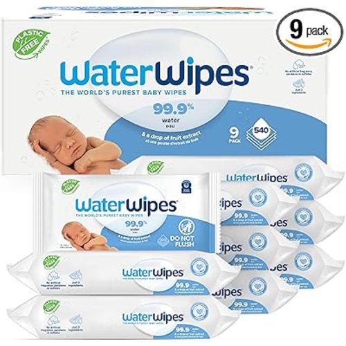 WaterWipes Original Baby Wipes, 99.9% Water-Based Wipes, Unscented & Hypoallergenic for Sensitive Skin, 540 Count (9 Packs), Packaging May Vary