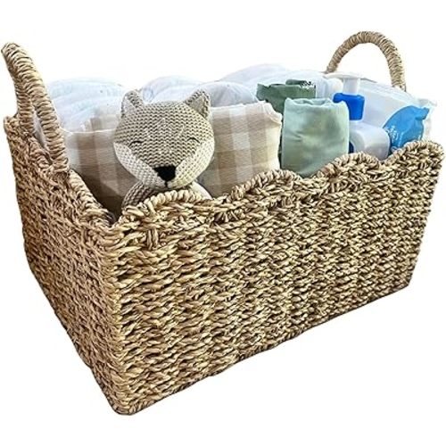 Vivika Wicker Diaper Caddy Organizer - Handmade Diaper Basket for Changing Table Organizer, Cute Woven Scalloped Basket in Premium Seagrass with Dividers and Handles, Baby Dresser Storage for Nursery