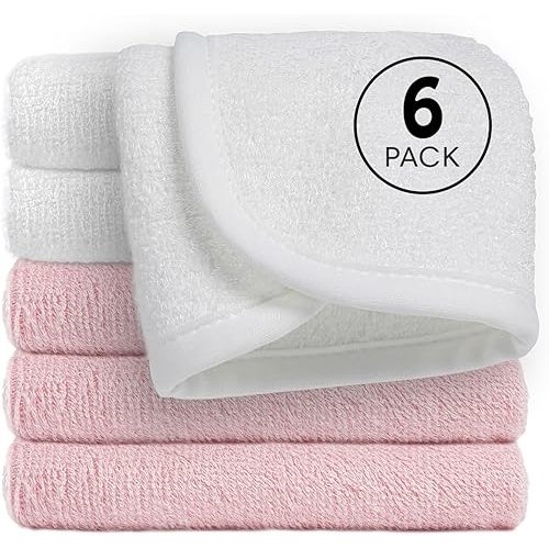 Reusable Organic Baby Washcloths Set: 6 Packs 10 * 10 Ultra Soft Wash Cloth Viscose from Bamboo Absorbent Infant Newborn Bath Face Towel Gentle for Delicate Skin Boys Girl (3 White+ 3 Pink)