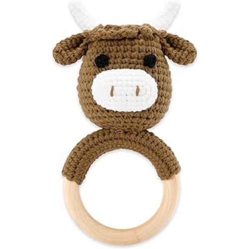 Baby Rattles Crochet Highland Cow Lovey Newborn Toy Wooden Rattles Infant Sensory Handmade Knit Stuff Farm Animal for Doll Baby Shower Gift Idea New Mom Baby Boy 0-12 Months
