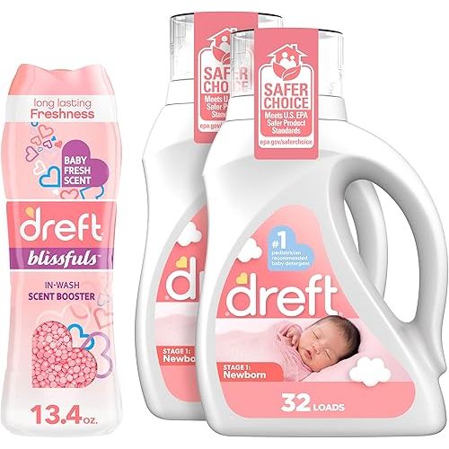 Bundle of Dreft Stage 1: Newborn Hypoallergenic Baby Laundry Detergent Liquid Soap, 46 Fl Oz, (Pack of 2) + Dreft Blissfuls In-Wash Scent Booster Beads, Baby Fresh, 13.4 oz
