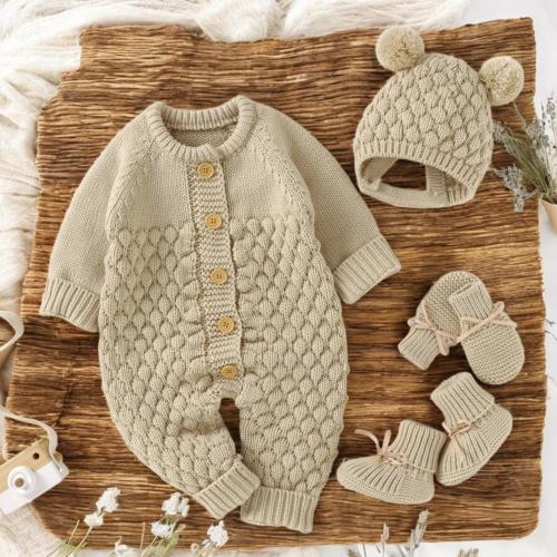 Knitted Baby Romper Set | 4-Piece Infant Outfit with Hat, Mittens & Boots | Long Sleeve Jumpsuit | Beige | 0-18M