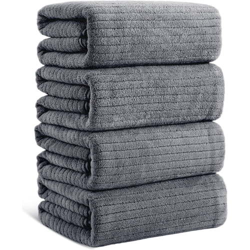 Jessy Home 4 Pack Dark Gray Stripe Large Bath Towels Set Oversized Microfiber Bath Sheet Soft Towel Set