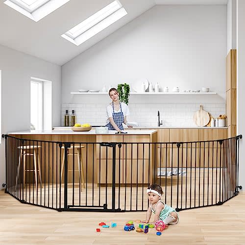 COMOMY 150" Extra Wide Baby Gate with Door, Dog Gates for The House Doorways Fireplace, Auto Close Baby Fence Play Area, Walk Through Pet Gate, Hardware Mounted Baby Gate, 6-Panels (30" Tall, Black)