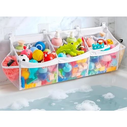 Criusia Extra Large Bath Toy Organizer with 3 Compartments and Multiple Pockets, Quick-Dry Mesh Bathtub Storage for Kids' Toys