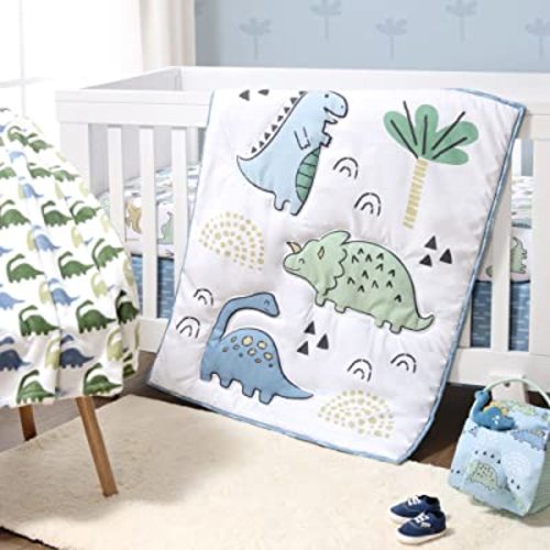 The Peanutshell 5 Piece Baby Crib Bedding Set for Boys - Newborn, Infant & Toddler Nursery Bed Set Decor with Fitted Crib Sheets, Blanket, Dust Ruffle, Crib Comforter - Blue Dino