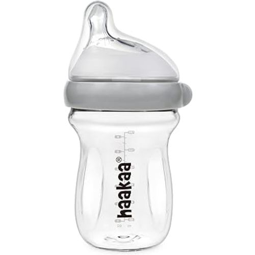 haakaa Gen.3 Natural Glass Baby Bottle 6.3 oz.180ml - Wide Neck, Anti-Colic Varibale Flow Nipple for 6m+ Breastfed Babies, Newborn Registry Essentials,BPA-Free -1 PK