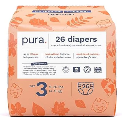 Pura Size 3 Eco-Friendly Diapers (9-20 lbs) Totally Chlorine Free (TCF) Hypoallergenic, Soft Organic Cotton, Sustainable, up to 12 Hours Leak Protection, Allergy UK, 1 Pack of 26 Diapers