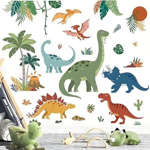 decalmile Large Boho Dinosaurs Wall Decals Dino Animal Tropical Palm Tree Wall Stickers Boys Bedroom Playroom Baby Nursery Wall Decor(XL)