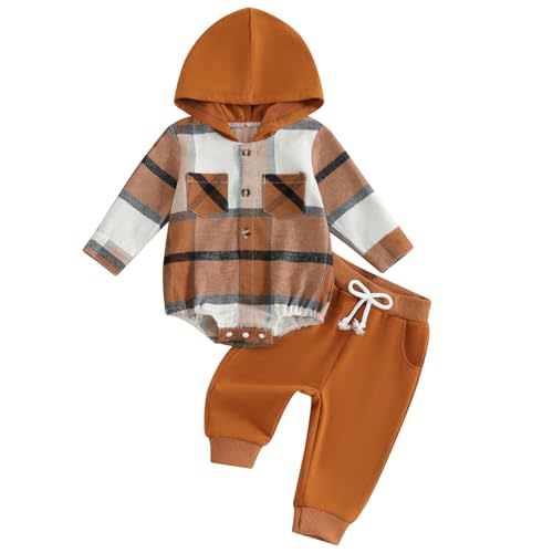Douhoow Infant Baby Fall Clothes Boy Girl Plaid Hoodie Sweatshirt Romper Flannel Tops+ Sweatpants Festival Outfits