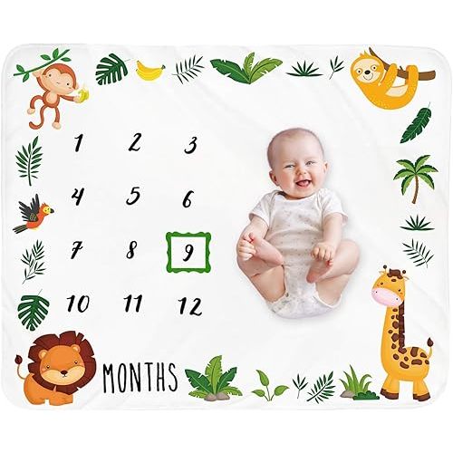 Baby Monthly Milestone Blanket Boy - Jungle Animals Neutral Newborn Month Blanket for Boy & Girl Personalized Shower Gift Safari Nursery Decor Photography Background Prop with Frame Large 51''x40''