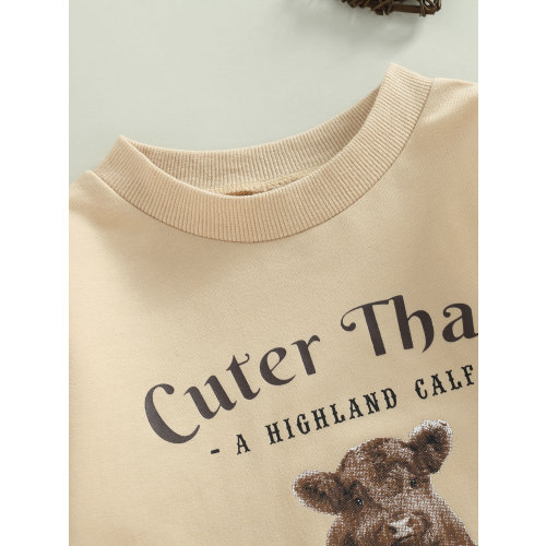Western Newborn Baby Boy Clothes Cow Print Oversized Crewneck Bubble Sweatshirt Romper Cowboy Tops Clothes (Grey Letter , 0-3 Months )