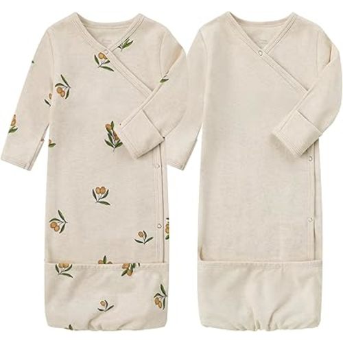 O2 BABY 100% Organic Cotton Kimono Gown with Mittens & Fold-Over Pouch