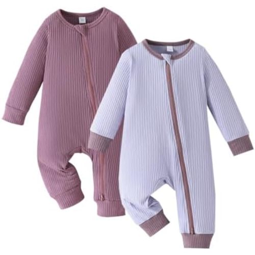 Bafeicao Unisex Baby Boy Girl 2/3 Pack Rompers Long Sleeve 2 Way Zipper One Piece Jumpsuits Clothes Sets