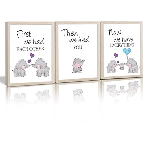 KAIRNE Elephant Nursery Canvas Wall Art ,Elephant Baby Stuff Set of 3(8X10inch,Framed)Family Inspirational Wall Art Elephant Wall Decor Baby Room Cute Animal Picture For Baby Elephant Nursery Decor
