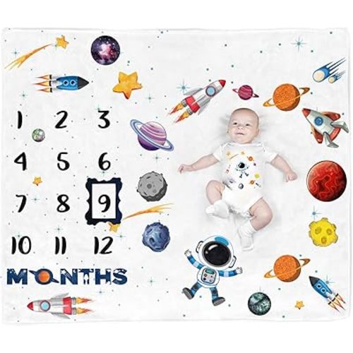 Space Baby Stuff, Rocket Baby Month Blanket for Newborn Photo Taken - Baby Age Blanket with 2 Frame B35-1