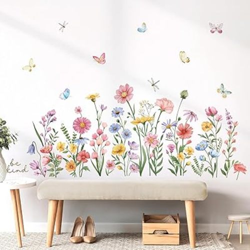 wondever Pink Wildflower Wall Stickers Garden Flower Daisy Butterflies Floral Botanical Wall Art Decals for Bedroom Living Room Sofa