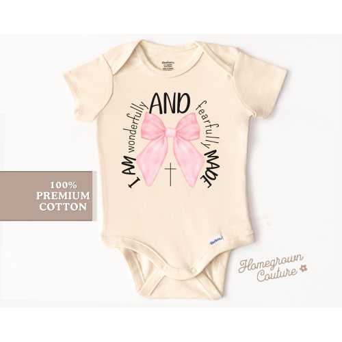 Christian Baby Girl Onesie® Wonderfully And Fearfully Made Onesie® Coquette Bow Bodysuit Cute Baby Clothes She is Worthy Bow Girl Onesies®