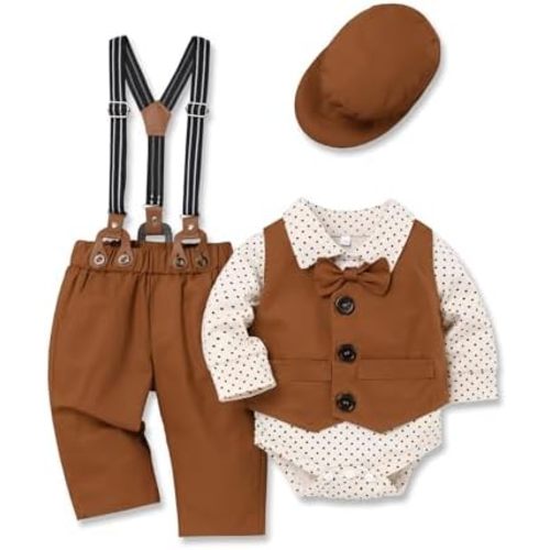 Baby Boys Clothes Baby Gentleman Formal Dress Romper with Vest + Detachable Suspender Pants + Bowtie