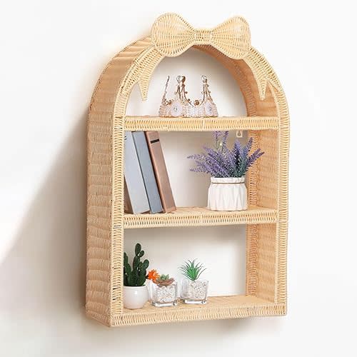 Pinkunn Lmitation Rattan Bow Tiered Shelf, 3 Tier Rattan Shelves, Cute Shelf for Wall, Bookcase Storage Shelves for Livingroom Bedroom Bathroom Home Decorations