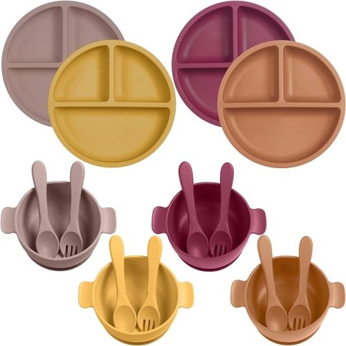 12 Pcs Silicone Baby Feeding Set, 4 Pcs Silicone Divided Suction Plate and 4 Pcs Baby Bowls with Suction with 4 Sets Spoons Forks for Baby Led Weaning Supplies Self Feeding (Bright Colors)