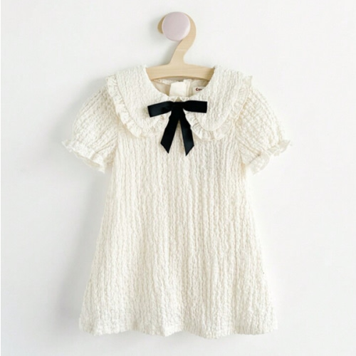 Cozy Pixies Baby Girl Short Sleeve Waist Cinched Dress With Decorative Bow And Peter Pan Collar