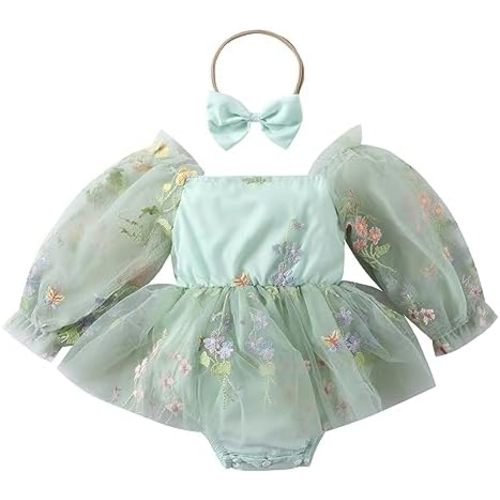 ODASDO Newborn Baby Girl Romper Dress Flower Embroidery Tutu Princess Long Sleeve One-Piece Bodysuit Cake Smash Outfit