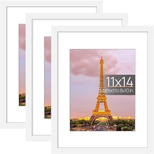 upsimples 11x14 Picture Frame Set of 3, Made of High Definition Glass for 8x10 with Mat or 11x14 Without Mat, Wall and Tabletop Display Photo Frames, White
