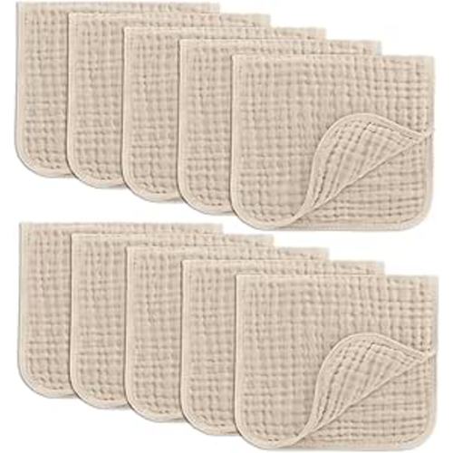 Comfy Cubs Muslin Burp Cloths Baby 50 x 25 cm, Pack of 10 - Large 6-Layer Ultra-Absorbent 100% Cotton for Babies Drool & Messes - Soft & Gentle Burp Cloth Baby Set for Boys & Girls - Sand