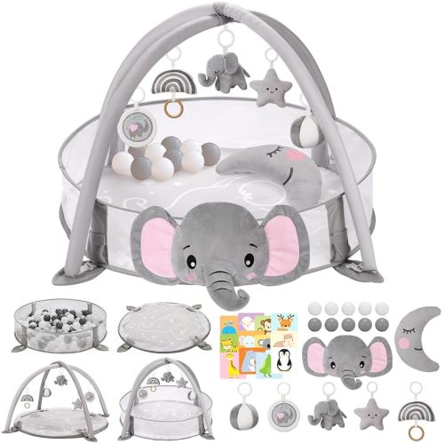 7-in-1 XL Large Baby Play Gym Mat, Tummy Time Mat, Baby Activity Mat, Baby Gym & Ball Pit with Tummy Time Pillow, 10 Balls, Milestone Cards & 5 Detachable Toys Elephant
