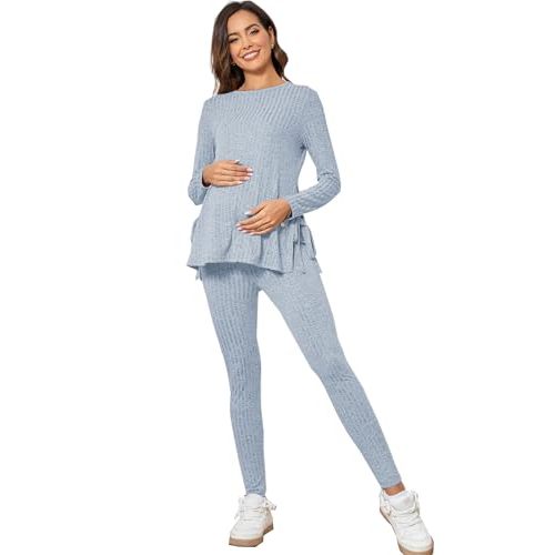 OYOANGLE Women's Maternity Rib Knit Round Neck Knot Side Tee Tops and Leggings Pants Sets