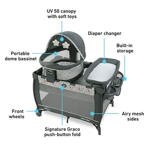 Graco Pack n Play Travel Dome LX Playard | Includes Portable Bassinet, Full-Size Infant Bassinet, and Diaper Changer, Annie - 4 Piece Set