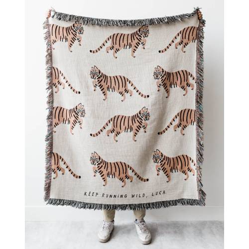 Tiger Personalized Throw Blanket: Jungle Decor, Maximalist Bedroom, Woven Cotton Throw for Nursery, Cute & Funny Gift for Animal Lovers