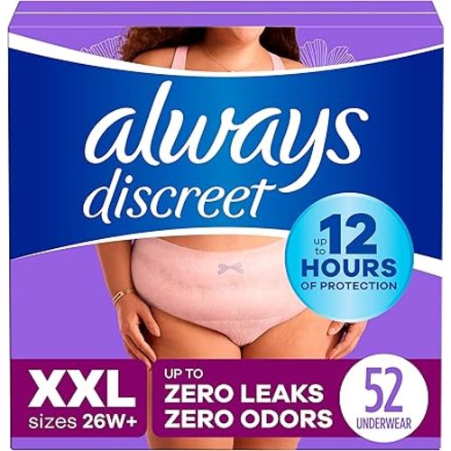 Always Discreet Adult Incontinence Underwear for Women and Postpartum Underwear, XXL, Up to 100% Bladder Leak Protection, 52 Count (4 Packs of 13)