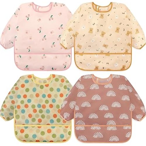 Accmor 4 Pack Long Sleeve Baby Bibs, Waterproof Sleeved Bib Smock for Baby Toddler 6-36 Months
