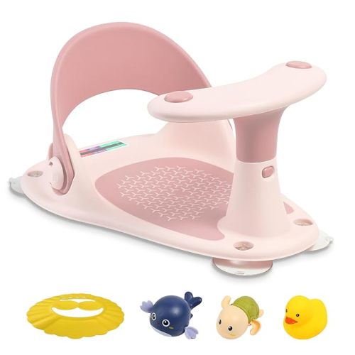 Baby Bath Seat LDIIDII Baby Bathtub Seat Infant Bath Seat for Babies 6 Months&Up Sit Up Bathing in Tub,Toddler Bath Seat with Water Thermometer/4 Strong Suction Cup/3 Bath Toys/Shower Cap (Pink Red)