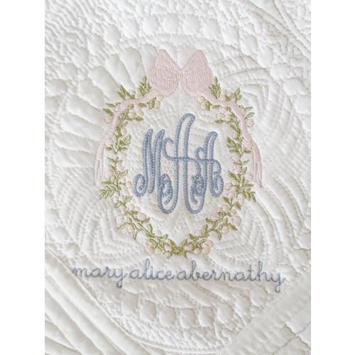 Personalized Embroidered Heirloom Quilt | Bow Monogram | Baby Shower Gift | Monogrammed Baby Blanket | Custom Keepsake | Newborn Gift