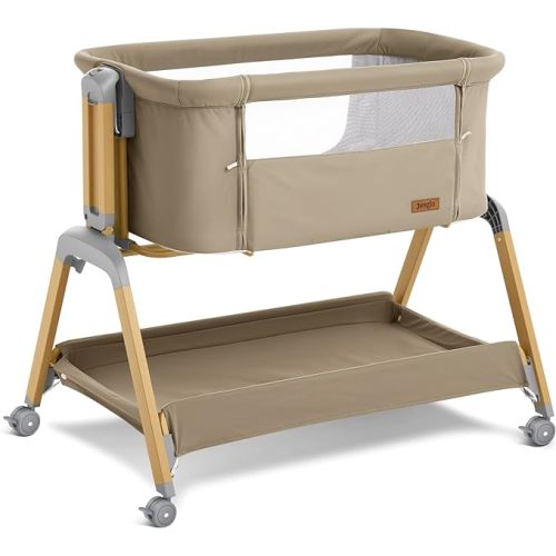 3 in 1 Baby Bassinet, Rocking Bassinets with Comfy Mattress and Wheels, Adjustable Height Bassinet Bedside Sleeper, Easy Folding Portable Crib for Newborn (Khaki)