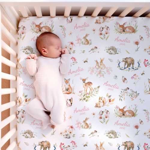 Woodland Crib bedding set baby Crib sheet Custom name baby gift Woodland Nursery decor Personalized baby shower gift for Newborn Woodland
