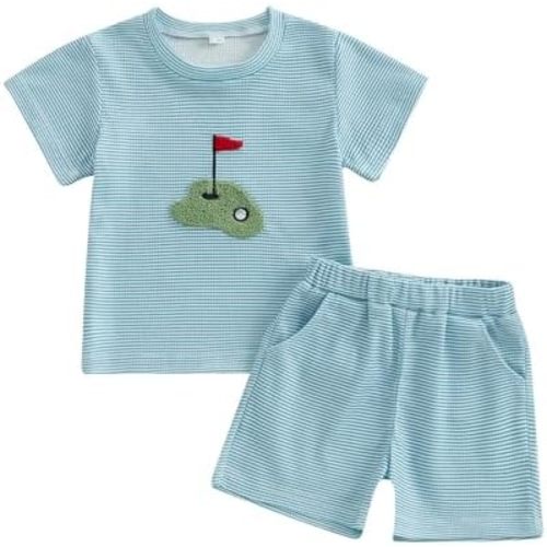 Toddler Baby Girl Boy Golf Outfit Waffle Short Sleeve Embroidery Sweatshirt Top Striped Plaid Shorts Summer Clothes