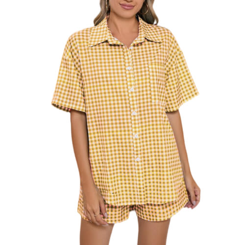 Cuteduck Womens Gingham Button Up Pajama 2 Piece Lounge Set with Chest Pocket and Elastic Waist S-XXL