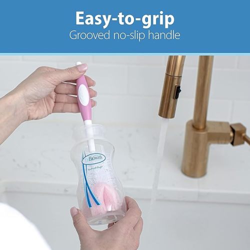 Dr. Brown's Reusable Sponge Baby Bottle Cleaning Brush with Suction Cup Stand, Scrubber and Nipple Cleaner, Pink 2-Pack