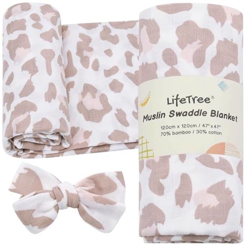 LifeTree Baby Muslin Swaddle Blankets Girl Newborn Receiving Blanket with Headband Bow Set Baby Blush Leopard Print Nursery Swaddle Wrap