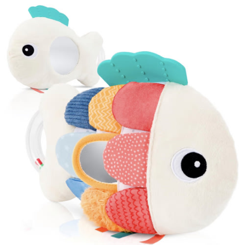 Soft Baby Sensory Toy with Tummy Time Mirror - Entertaining Fish Toy for Infants 0-6, 3-6, 6-12 Months with Rattle & Crinkle Paper - Perfect Montessori for Baby Showers & as Newborn/Infant Gift